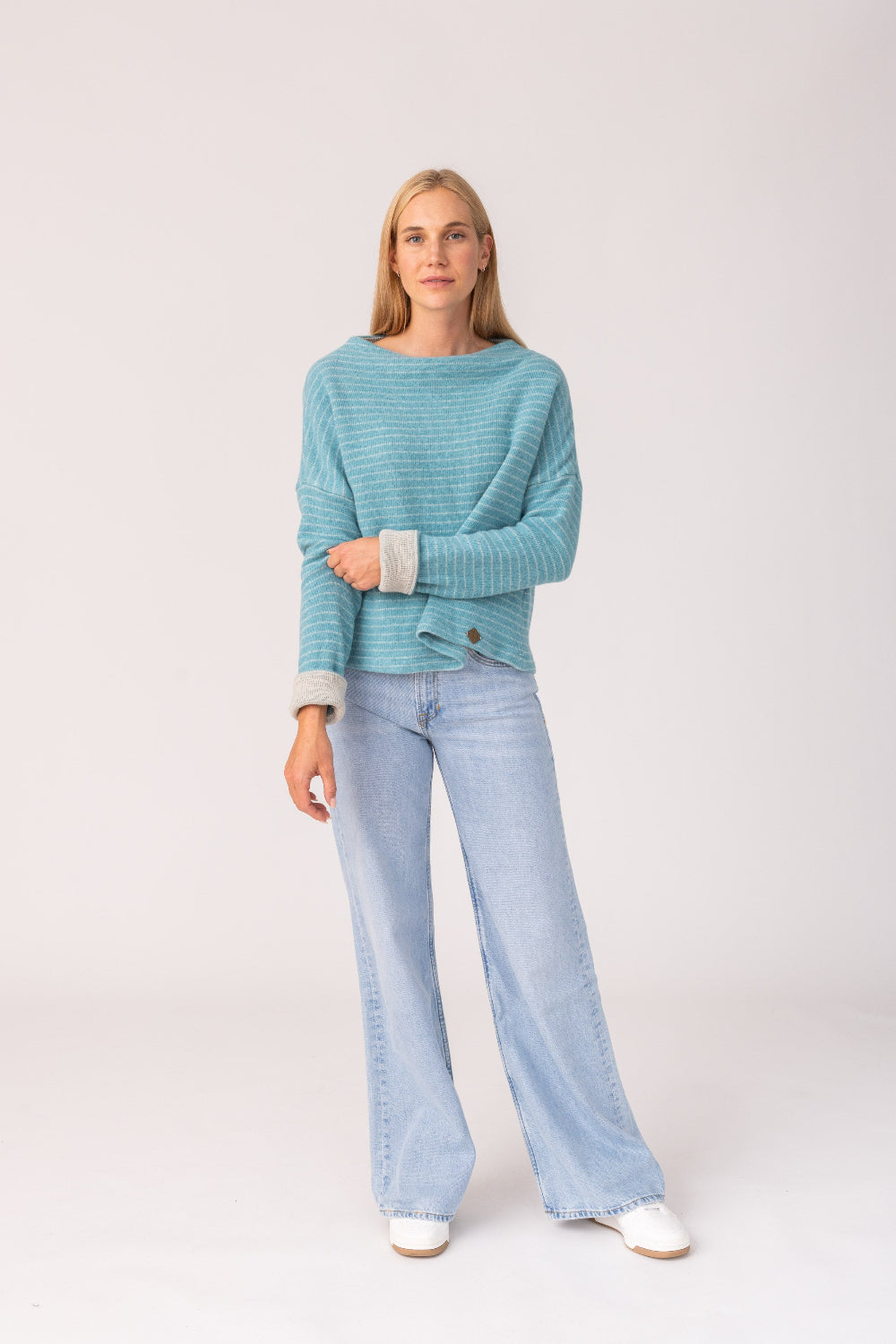 Womens Pullover Nico Stripe- 50% virgin wool & 50% cotton , naturally sustainable, Comfy Stripe Pullover - Blue - 50760333-7601